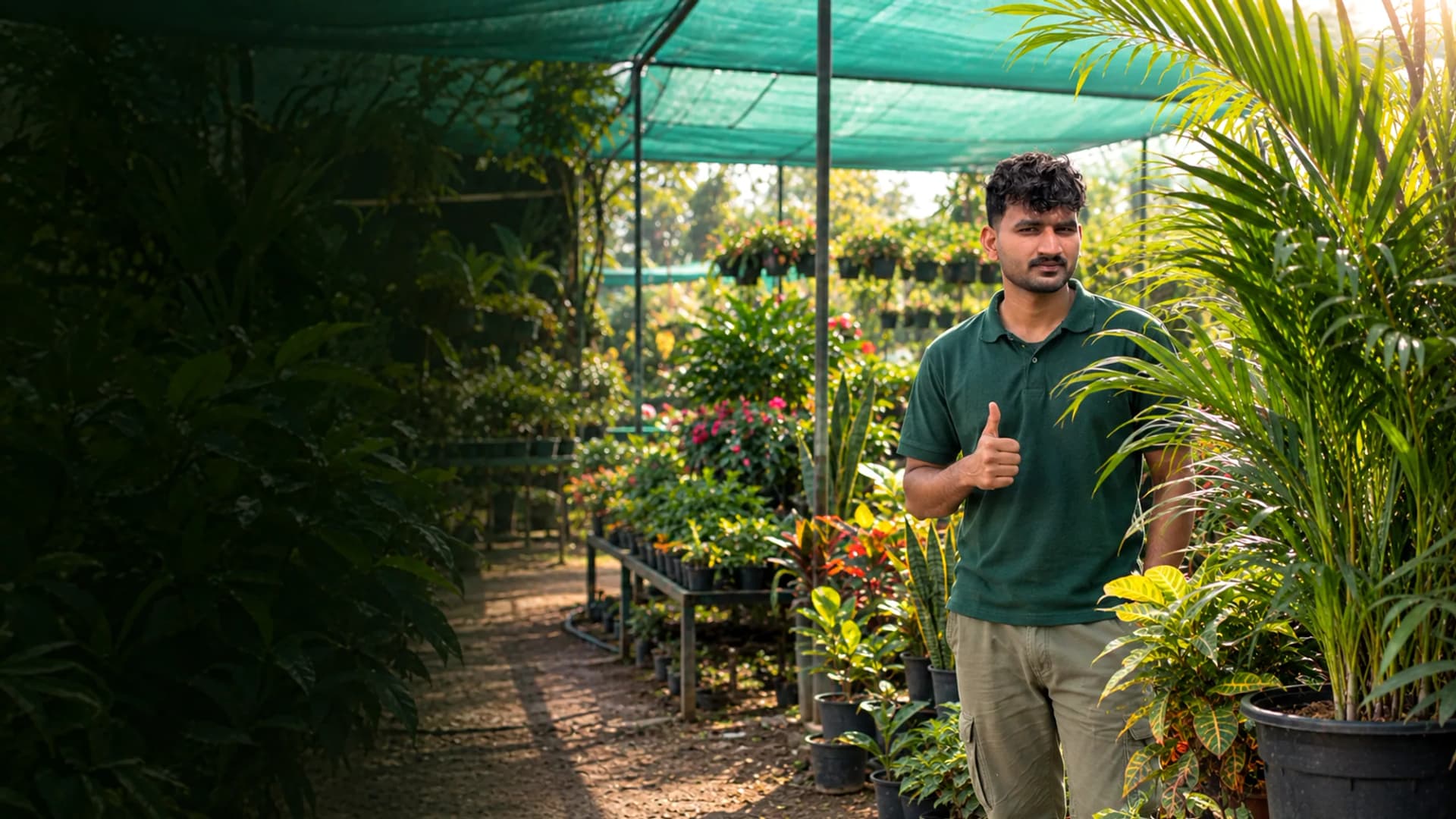 A shaded walkway at the Bhatti Plants Traders nursery, benches of crotons, palms and flowering plants either side